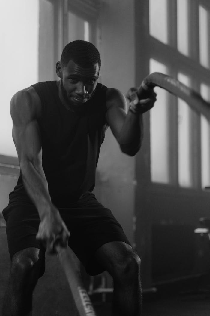 our-story Focused man in gym intensively training with ropes indoors.